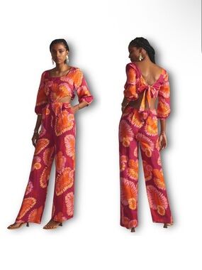 Farm Rio by Anthropologie Vibrant Pink & Orange Floral Wide-Leg Jumpsuit